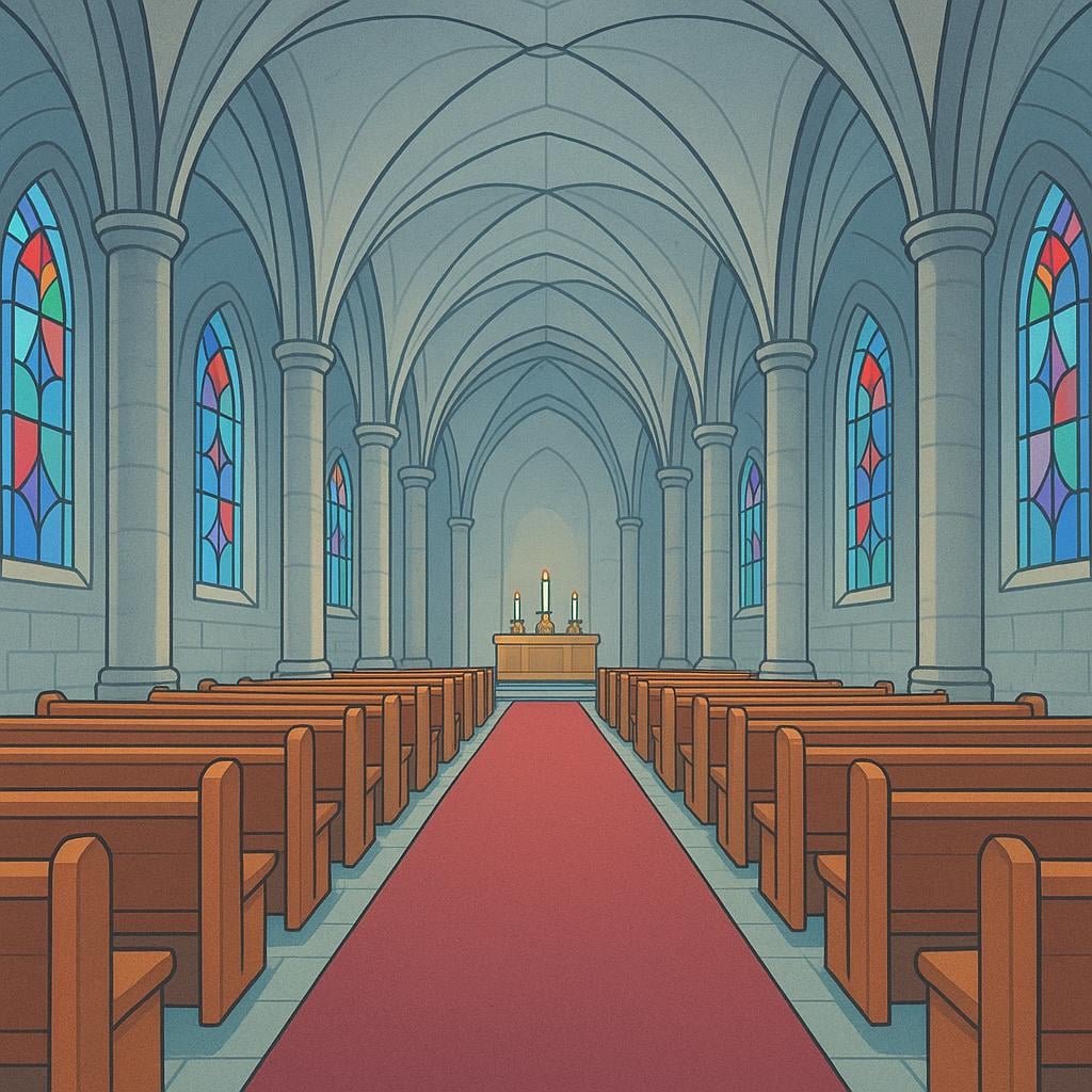 The interior view of a grand church showing the long central aisle (nave) leading toward the altar, flanked by tall stone columns and high arched ceilings.