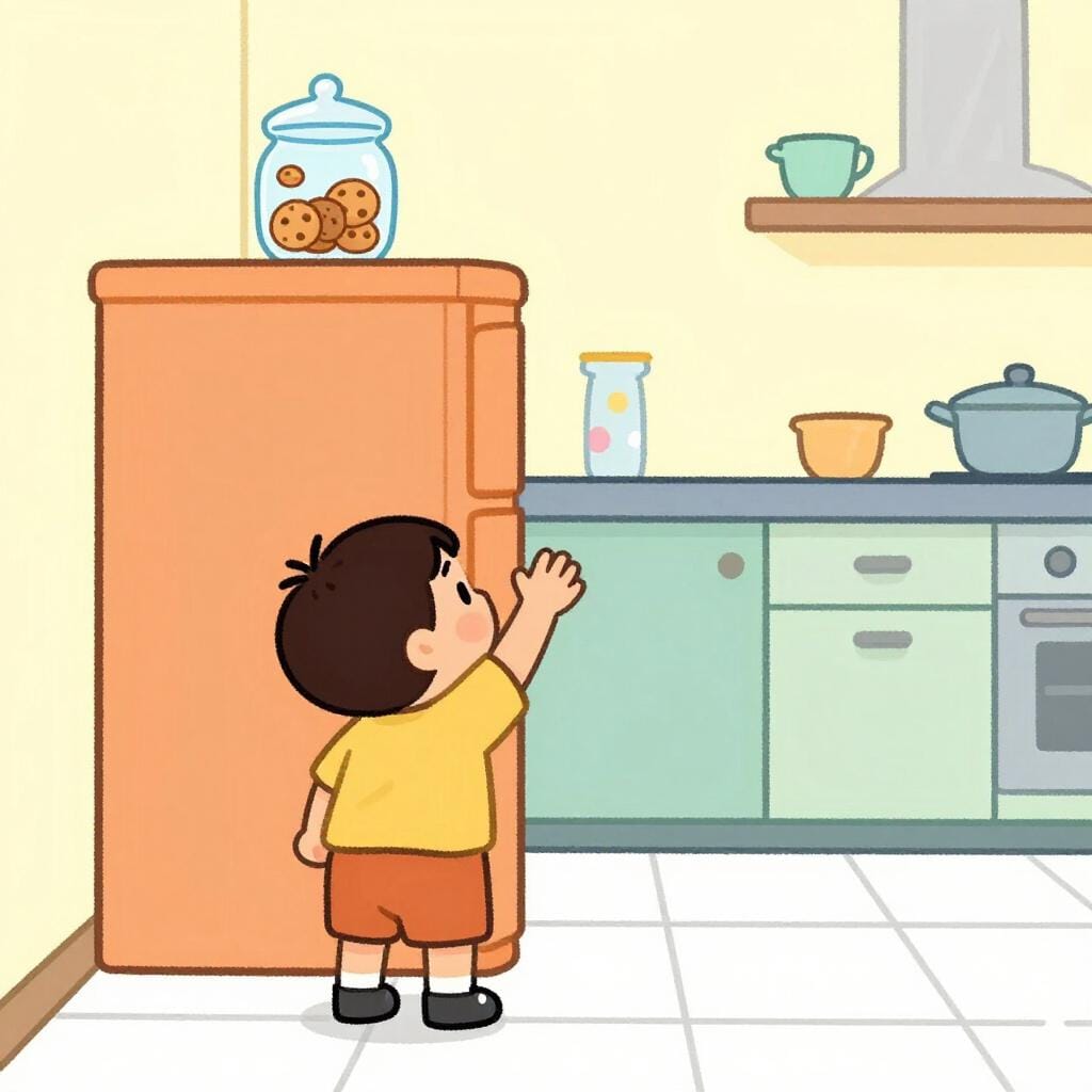 Uma criança tentando alcançar um pote de biscoitos em uma prateleira alta, mas falhando porque seu braço é muito curto.