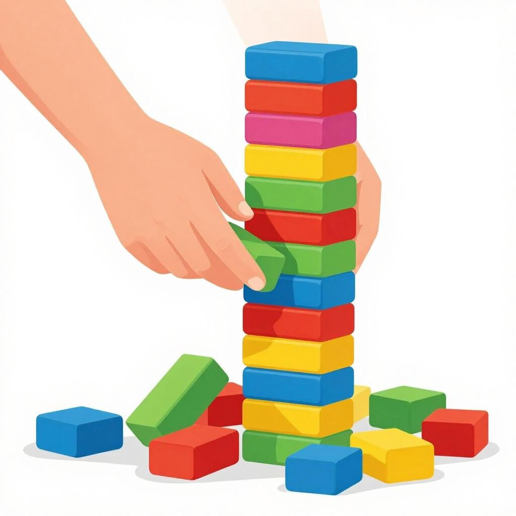 A person pulling down a tall tower of colorful toy blocks so they fall to the floor.
