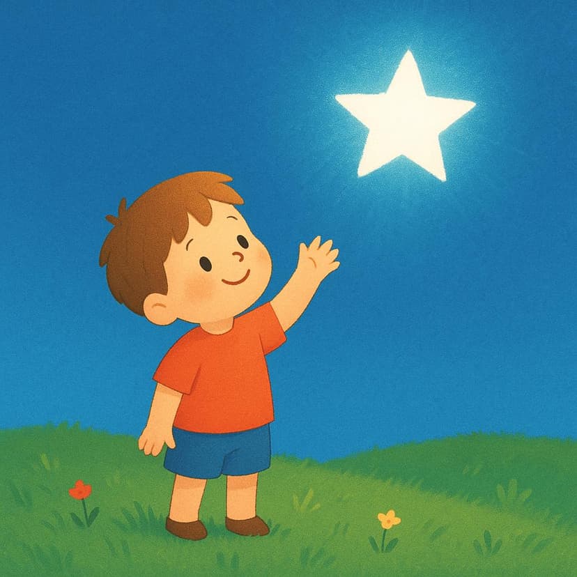 A storybook illustration showing a happy child standing in a green field, looking up at a large, brightly glowing star in the blue sky, symbolizing future aspiration and identity.