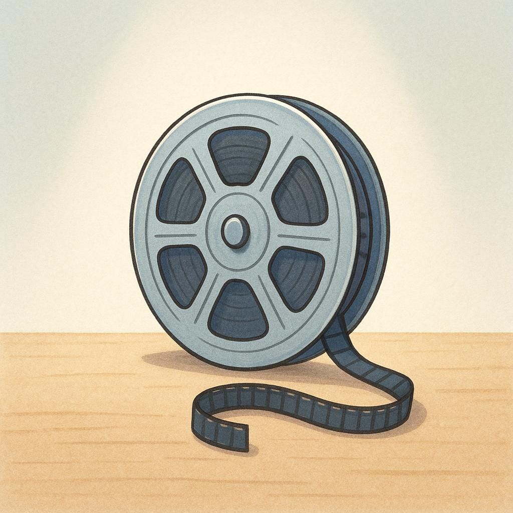 A single, isolated film strip reel standing upright on a simple stage, symbolizing a brief cinematic piece.