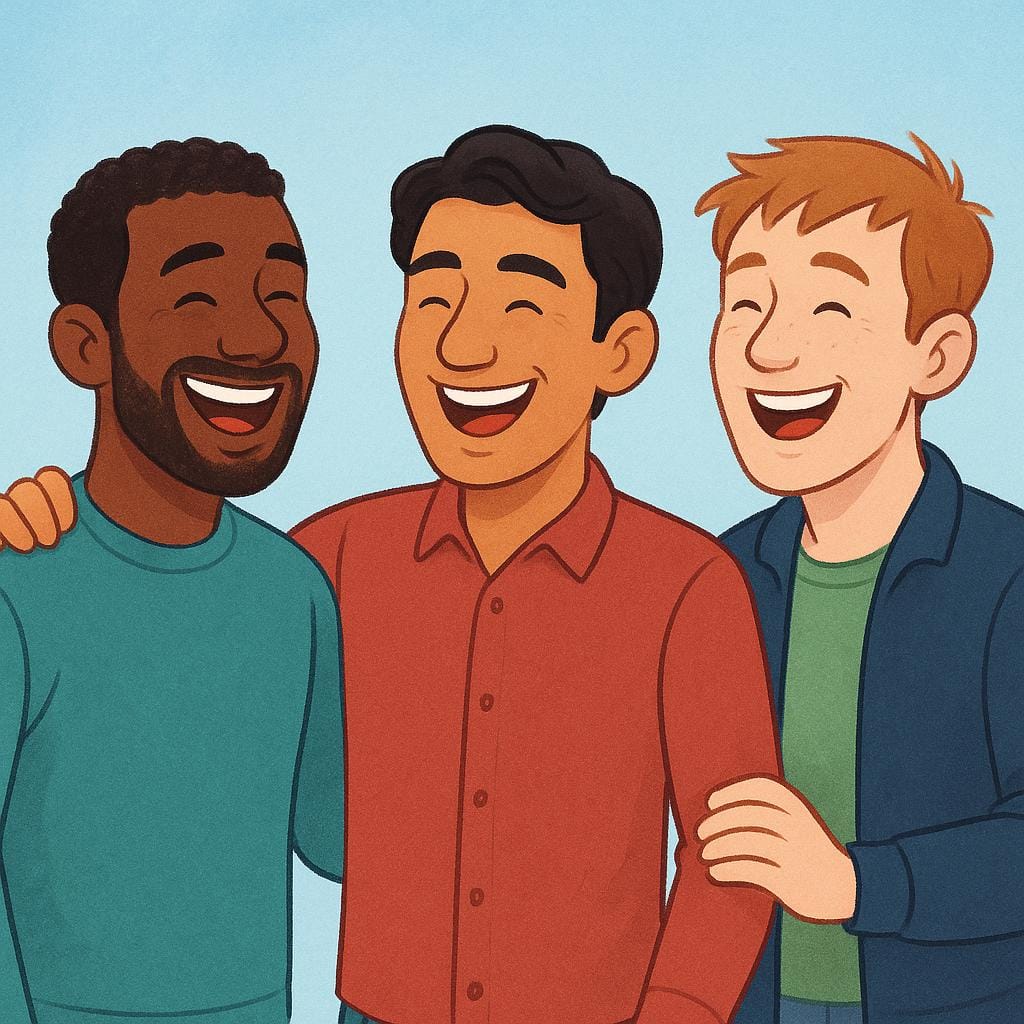 A simple storybook illustration showing a group of three diverse men standing together and interacting happily, representing 'gay men'.