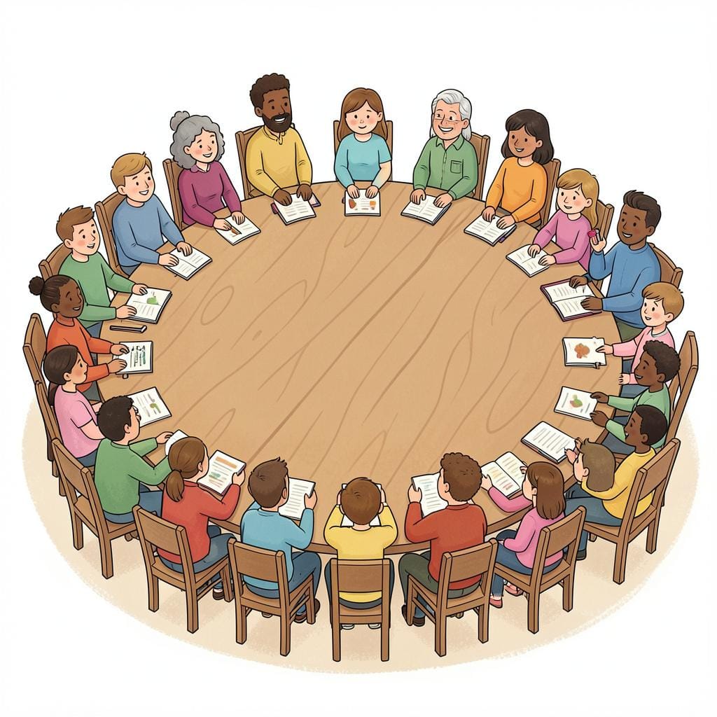 A large circular table with many people sitting in every single chair around it.
