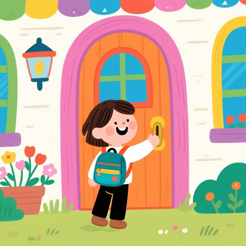 A traveler standing at the doorway of a cozy house, symbolizing their return home after a journey.