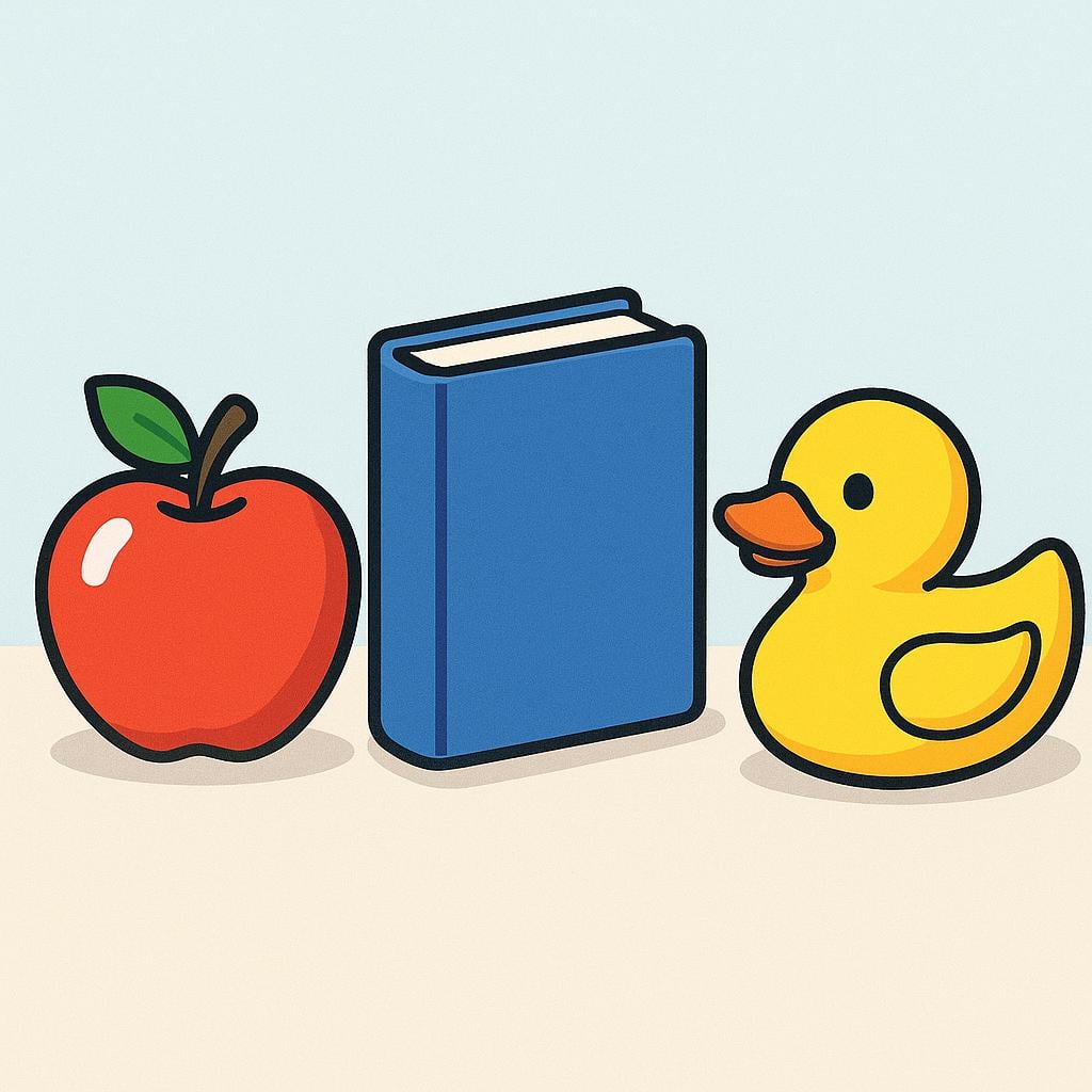 A collection of diverse items, such as a book, an apple, and a small toy, arranged neatly on a surface.