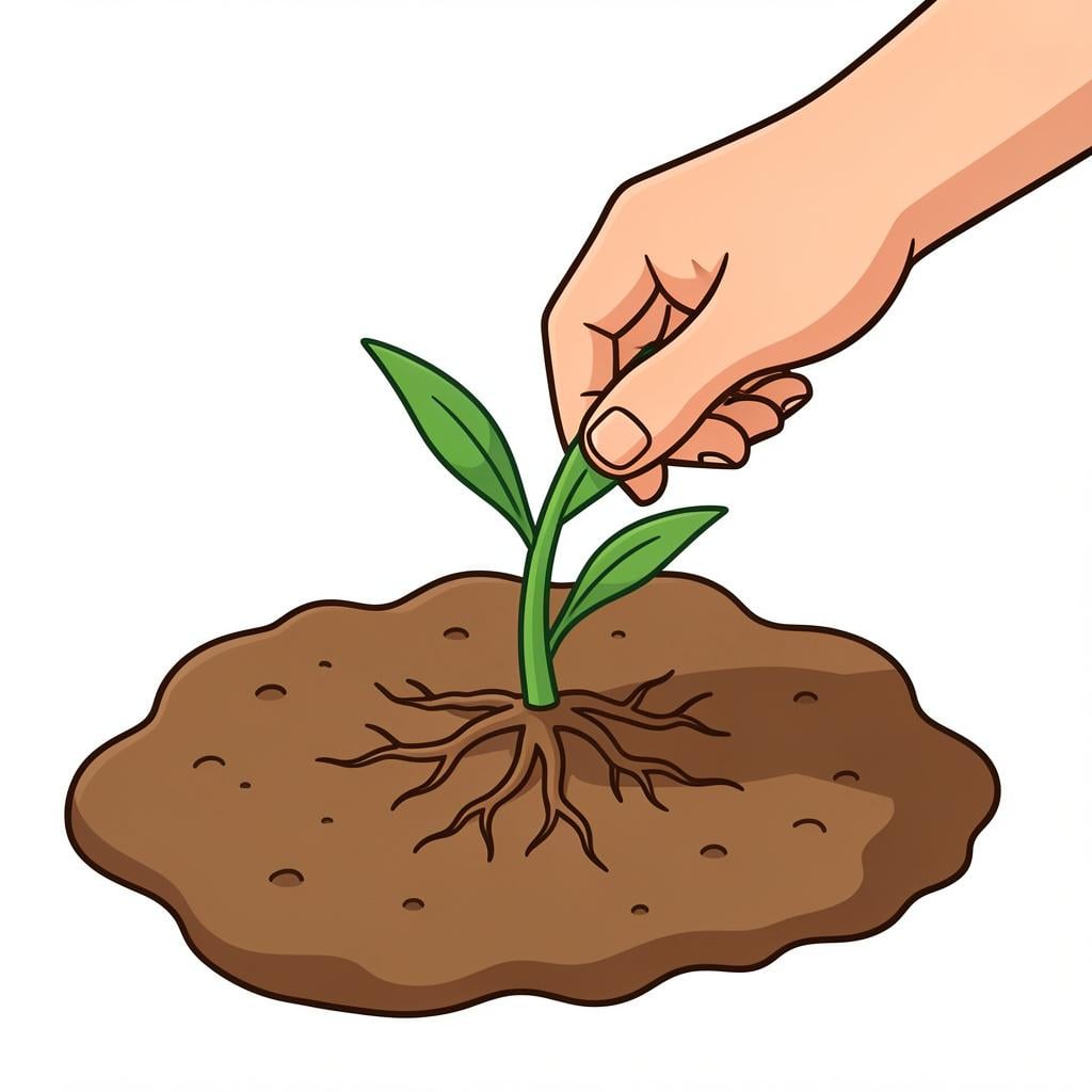 A hand pulling a green weed out of the brown soil with roots visible.