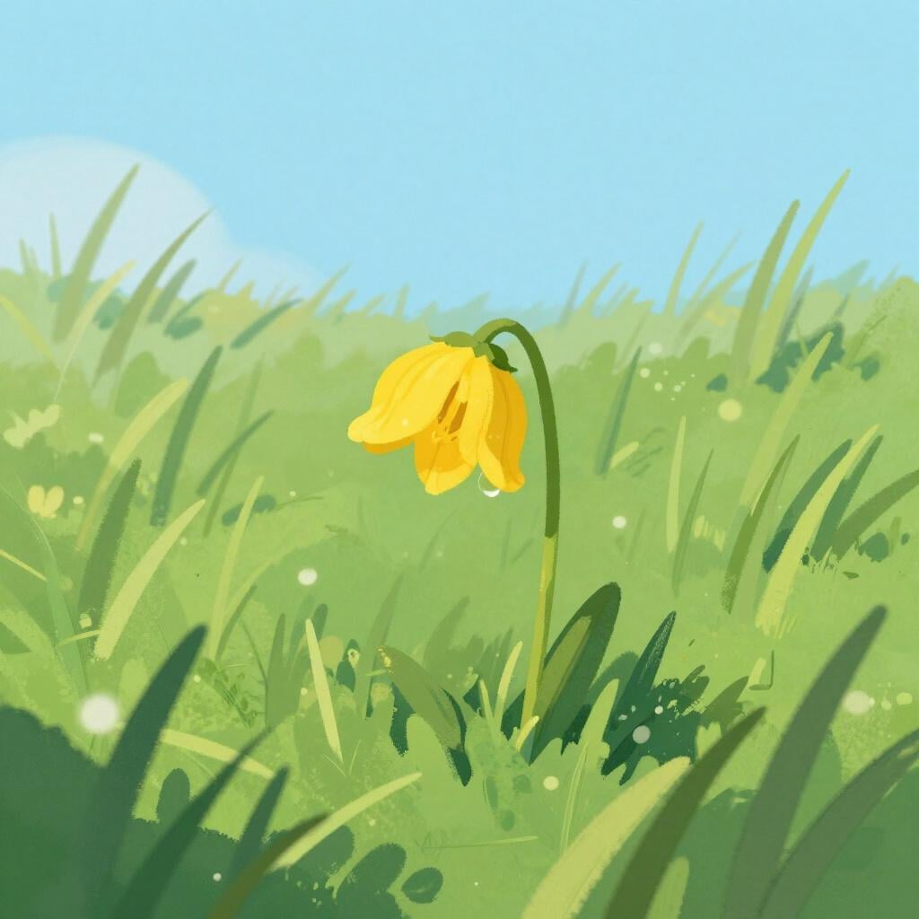 背の高い健康な草の野原に、一人で立っている一輪のしおれた花。