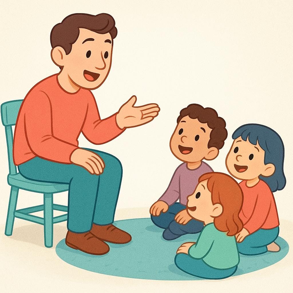 Una figura seduta su uno sgabello, che parla animatamente a un piccolo gruppo di ascoltatori seduti, illustrando il racconto di storie.