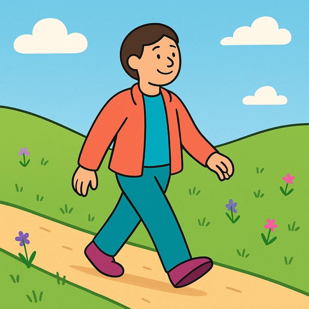 A young person with a backpack is walking along a winding dirt path surrounded by green hills, illustrating continuous movement.