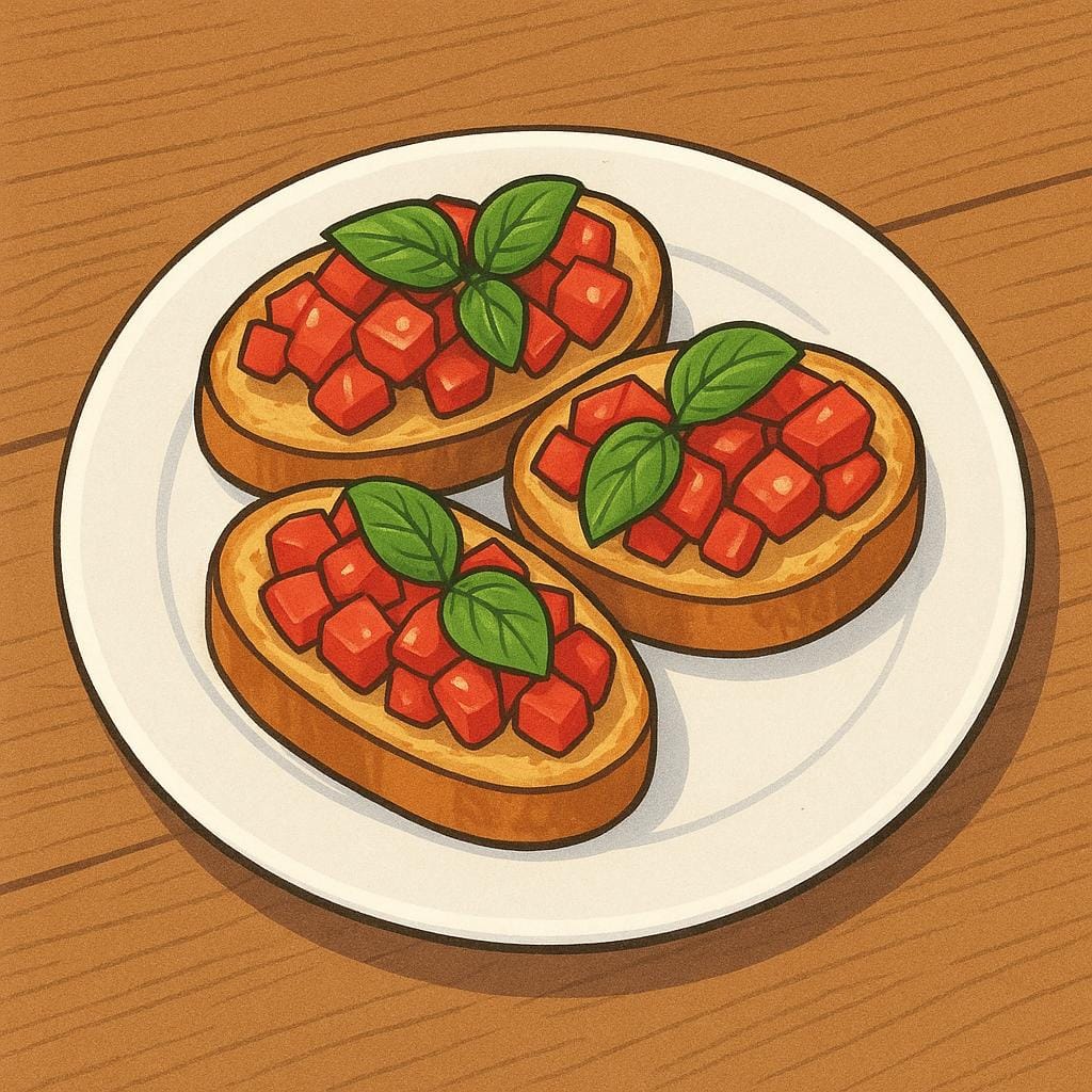 A small white plate centered on a wooden table, holding three colorful pieces of bruschetta topped with tomatoes and basil.
