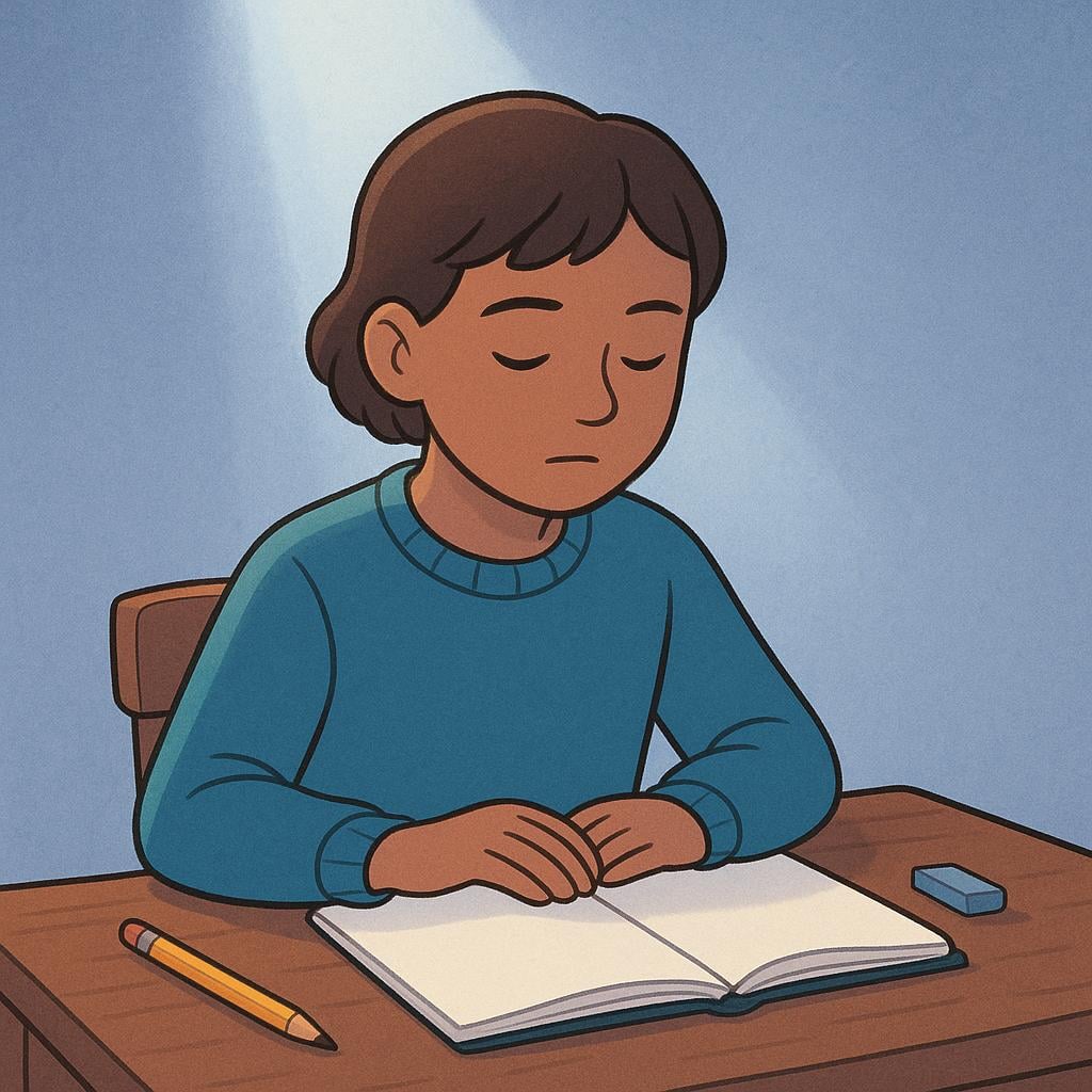 A person sitting calmly at a small wooden desk, deeply focused on an open notebook, symbolizing intense mental focus.