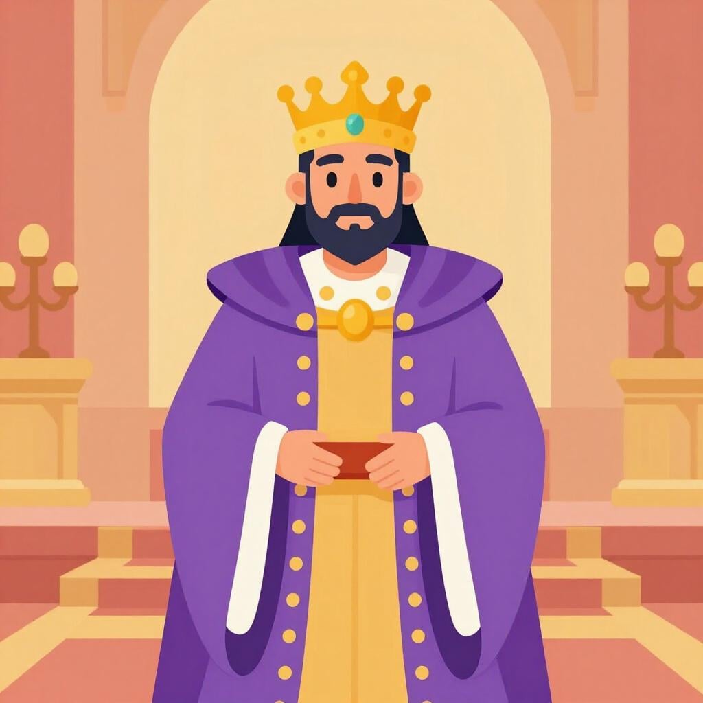 A noble leader wearing a crown and a royal robe, standing tall with a kind expression.