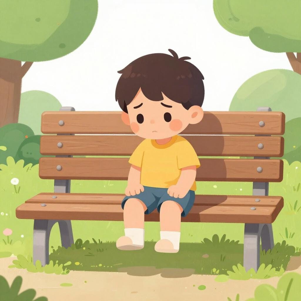 못된 말을 듣고 벤치에 홀로 앉아 있는 슬픈 아이.