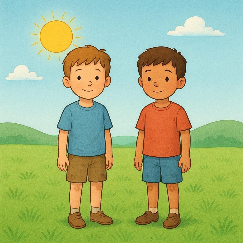 A storybook illustration showing two young boys dressed in simple, slightly worn clothes standing alone in a grassy field under a bright sun.