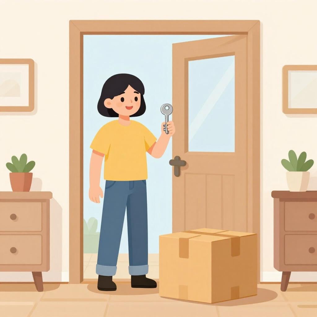 Une personne souriant tout en tenant un jeu de clés de maison devant une porte d'appartement ouverte.