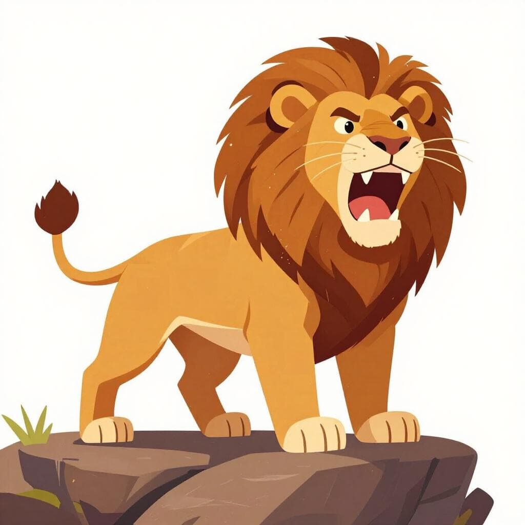 Un lion féroce debout sur un rocher, rugissant avec sa crinière flottant, prêt pour la bataille.