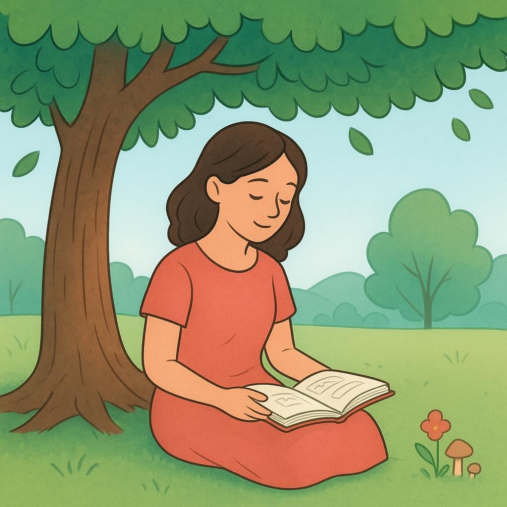 A serene woman sitting peacefully under a large, leafy tree, holding an open book on her lap, symbolizing wisdom and good judgment.