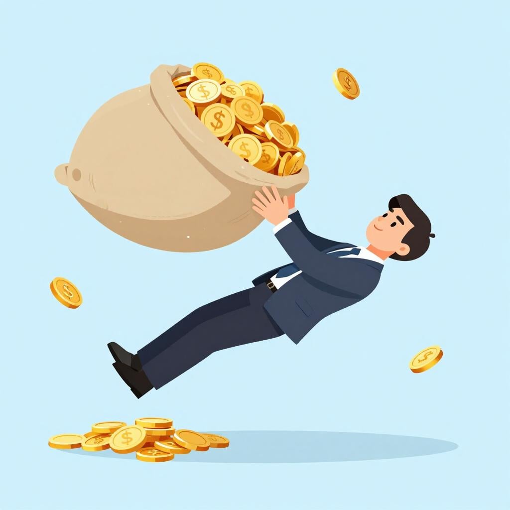 A person in a business suit floating gently down while holding onto a large sack with a currency symbol on it.