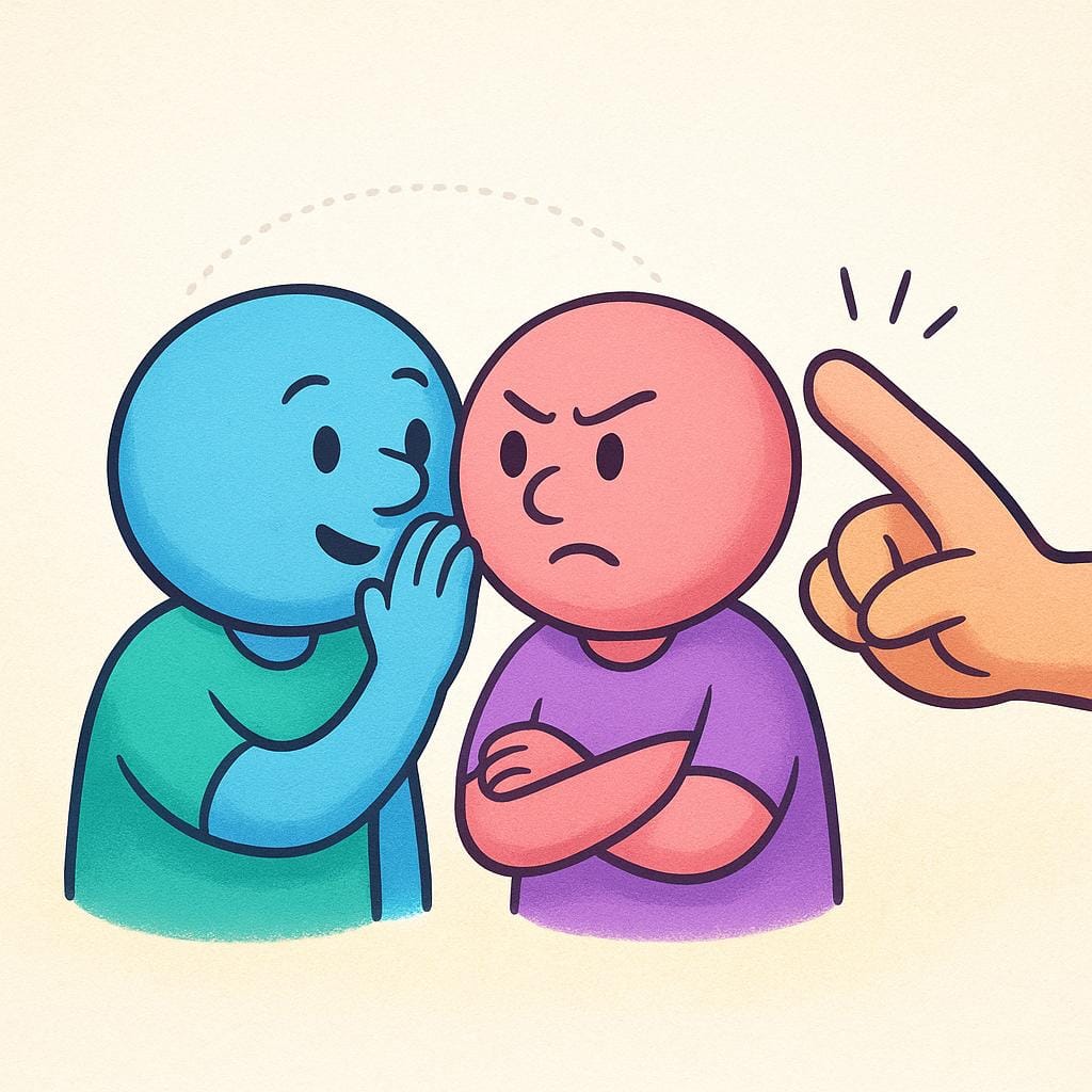 Two friendly cartoon figures are engaged in a private conversation, symbolized by a colored bubble, while a third person's disruptive hand reaches into their space, symbolizing interference.
