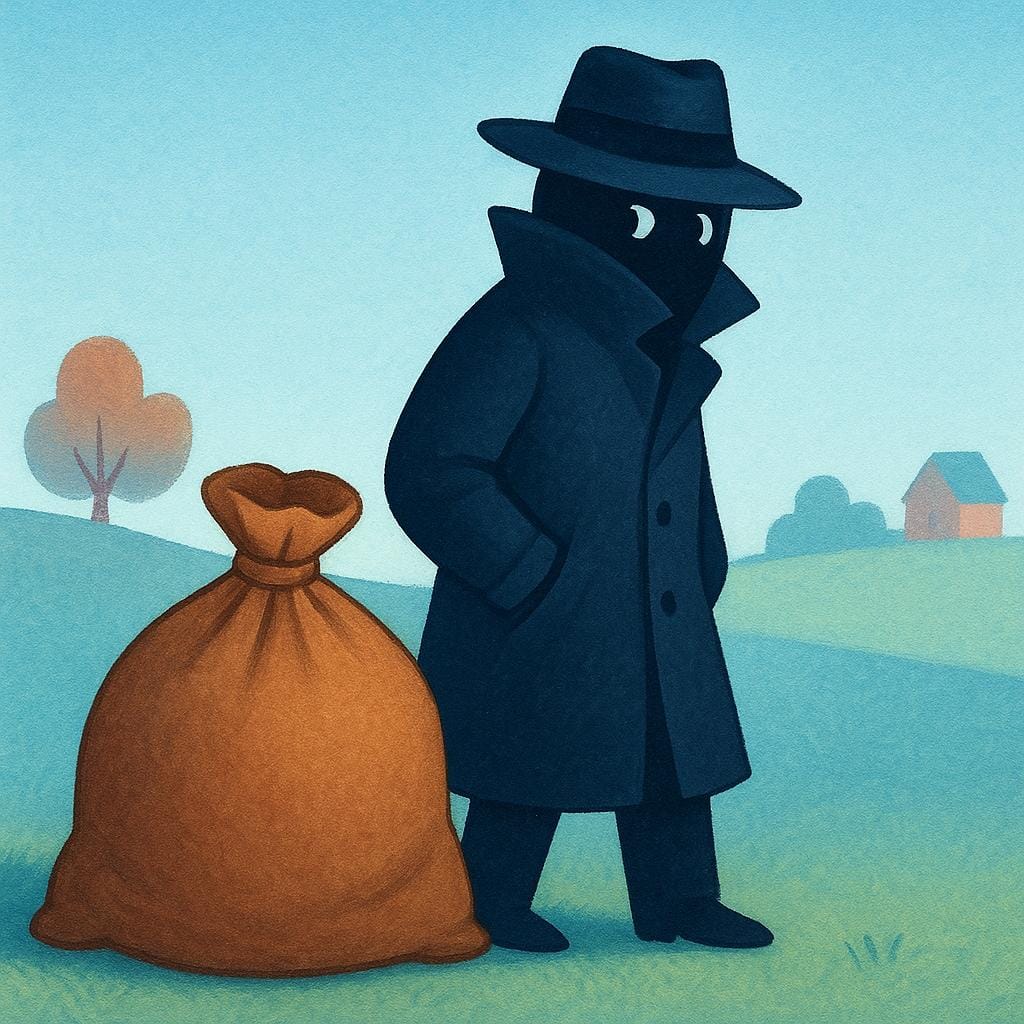 A cautious figure in a dark trench coat stands next to a large brown sack, suggesting the secret movement of goods for illegal trade.