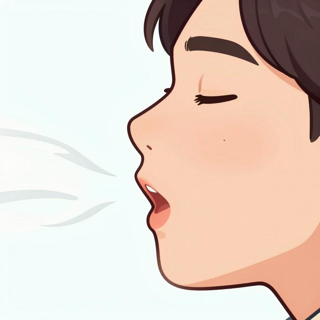 A close-up of a person's face with their mouth slightly open as they breathe out a gentle mist.