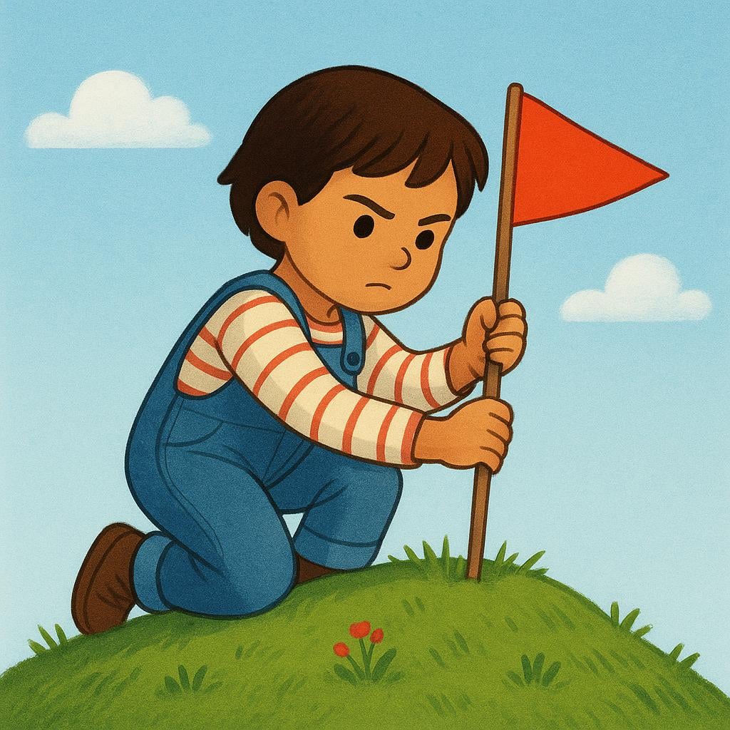 A focused child firmly plants a small red flag on the top of a grassy mound, symbolizing determination and resolve.