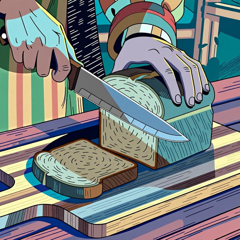 A hand using a knife to neatly slice a round cheese wheel into two perfect halves on a wooden board.