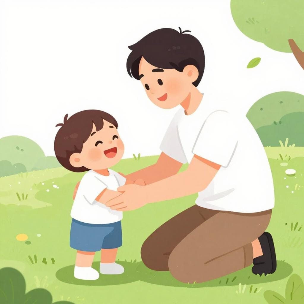 햇살 좋은 공원에서 한 남자가 작은 아이의 신발 끈을 묶는 것을 도우며 따뜻하게 웃고 있는 모습.