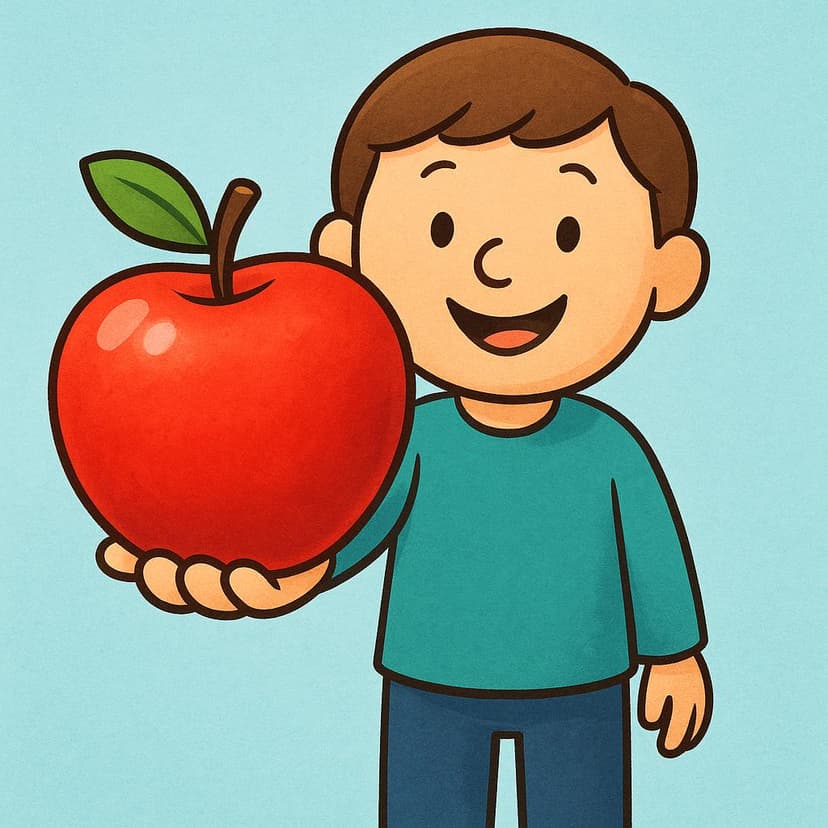 A cheerful, simple cartoon person standing and holding a brightly colored, oversized red apple out directly toward the viewer, clearly presenting it.