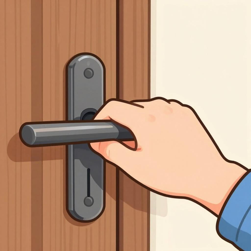 A person double-checking that a front door is locked by pulling on the handle.