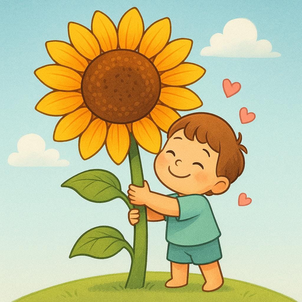 Een klein, lachend kind dat enthousiast een gigantische, felgekleurde zonnebloem omhelst, wat intense genegenheid toont.