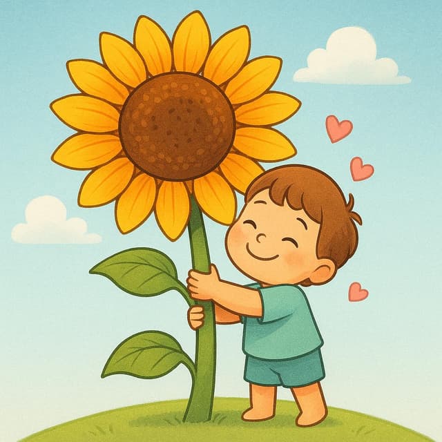小さくて笑顔の子供が、鮮やかな色の巨大なひまわりに熱狂的に抱きついている様子。強い愛情を示している。