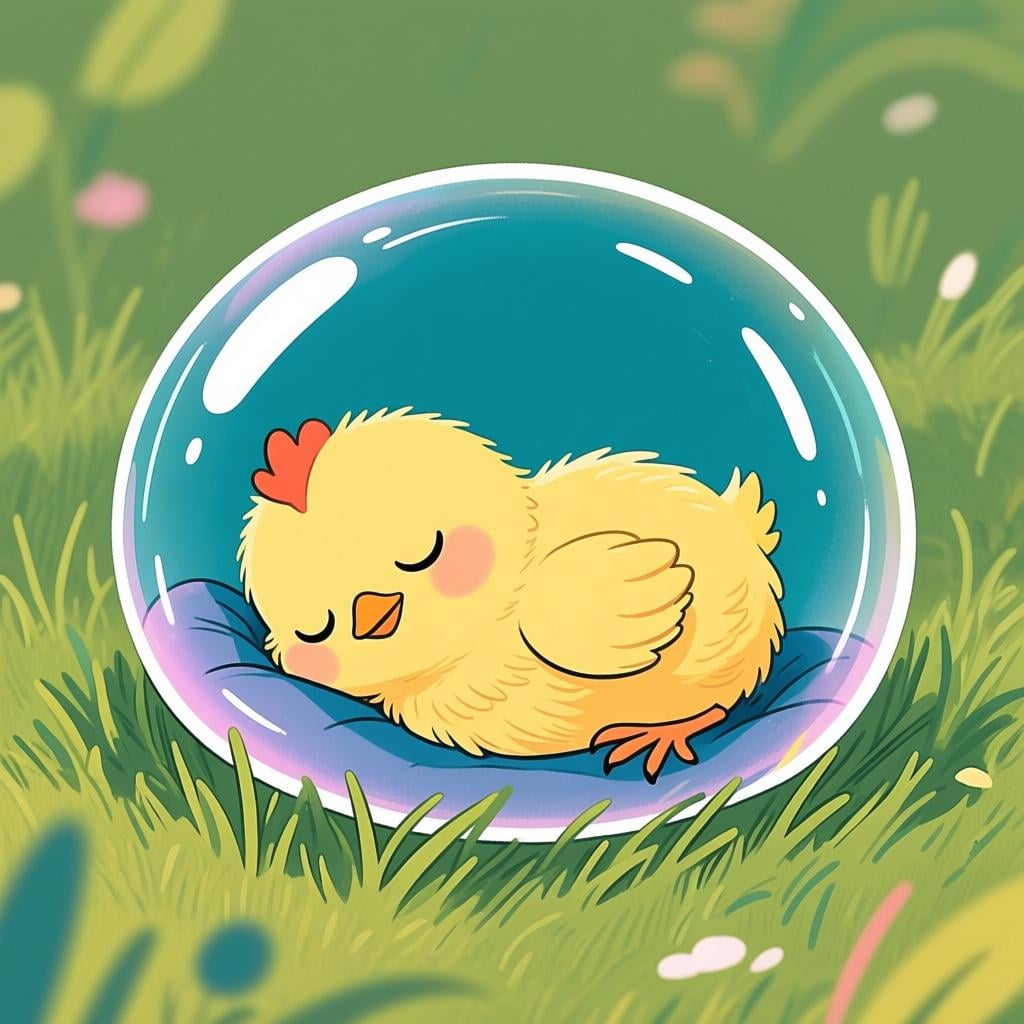 A small, yellow baby chick sleeping peacefully inside a large, transparent protective bubble, symbolizing safety.