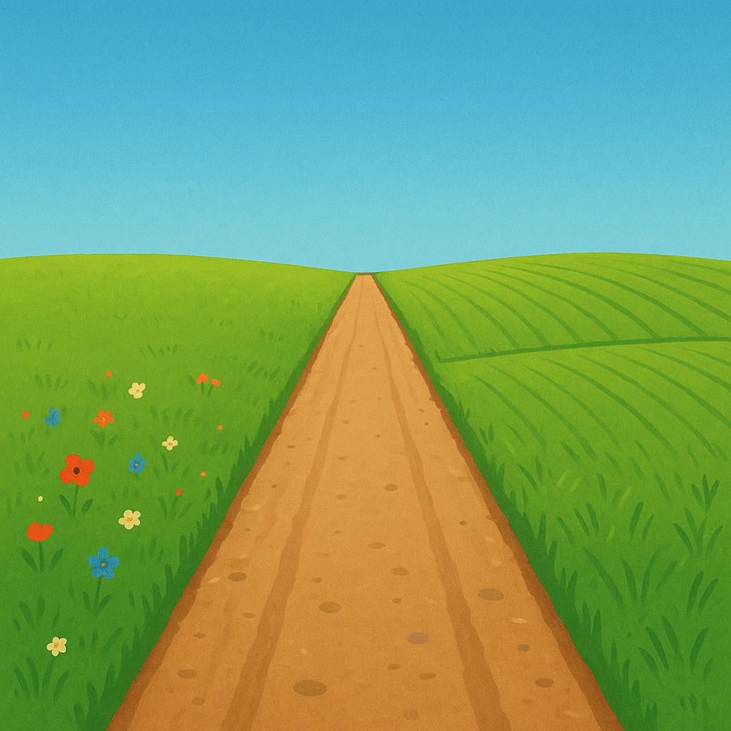 A straight, well-worn dirt path running between two green fields under a clear blue sky, illustrating a typical and expected route.