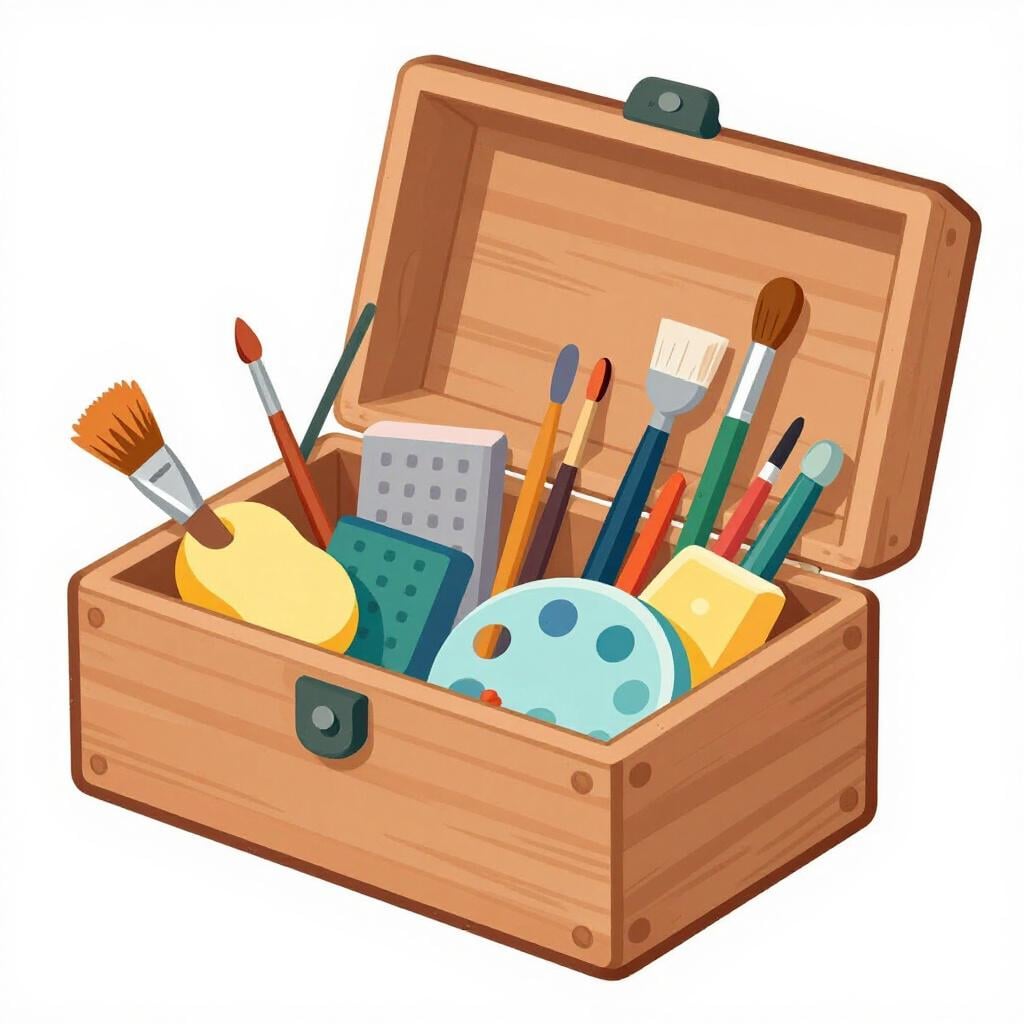 Uma caixa de madeira cheia de uma grande variedade de ferramentas de artista coloridas como pincéis, lápis e esponjas.