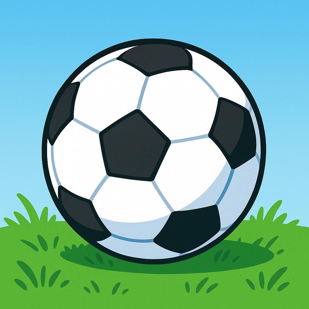 A classic black and white soccer ball sits on bright green grass under a clear blue sky.