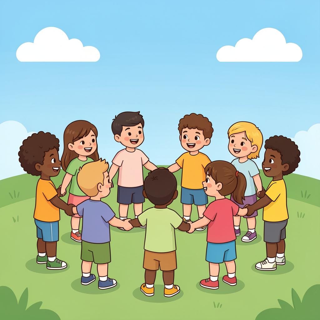 A group of happy children in a circle holding hands in a sunny park, ready to start a game together.