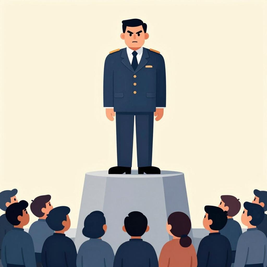 A single giant, stern figure standing over a group of small, identical shadows to represent absolute authority.