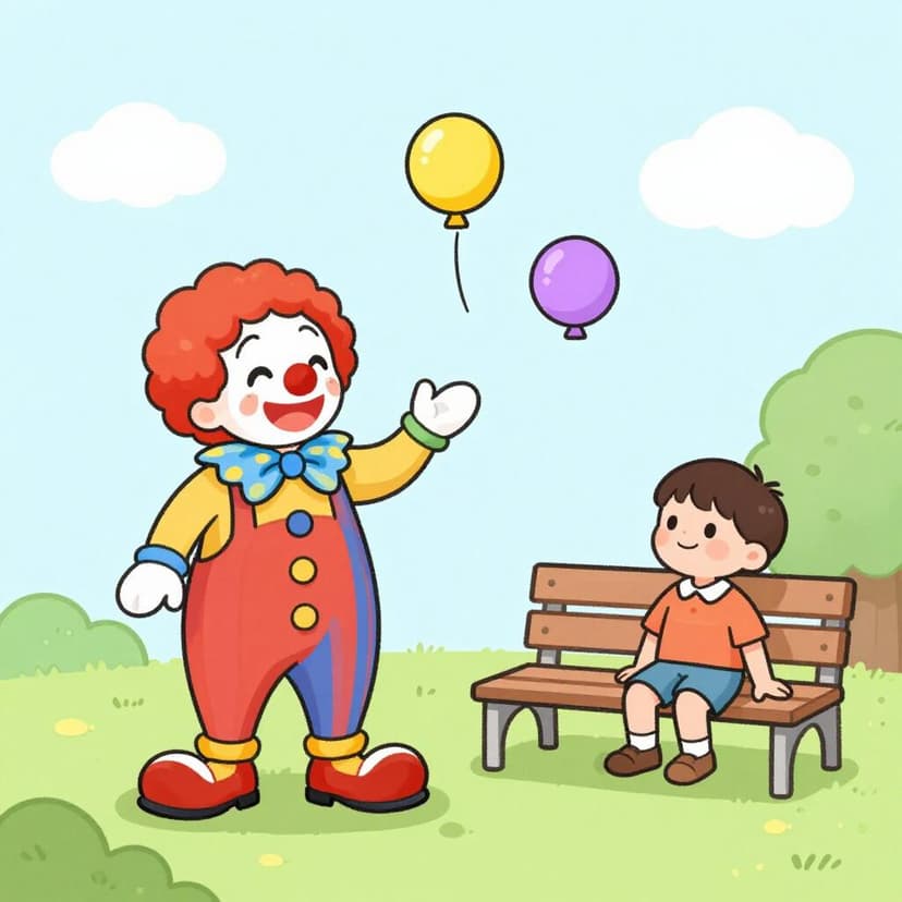 Eine bunte Illustration eines fröhlichen Clowns, der drei leuchtende Bälle für ein lächelndes Kind jongliert.