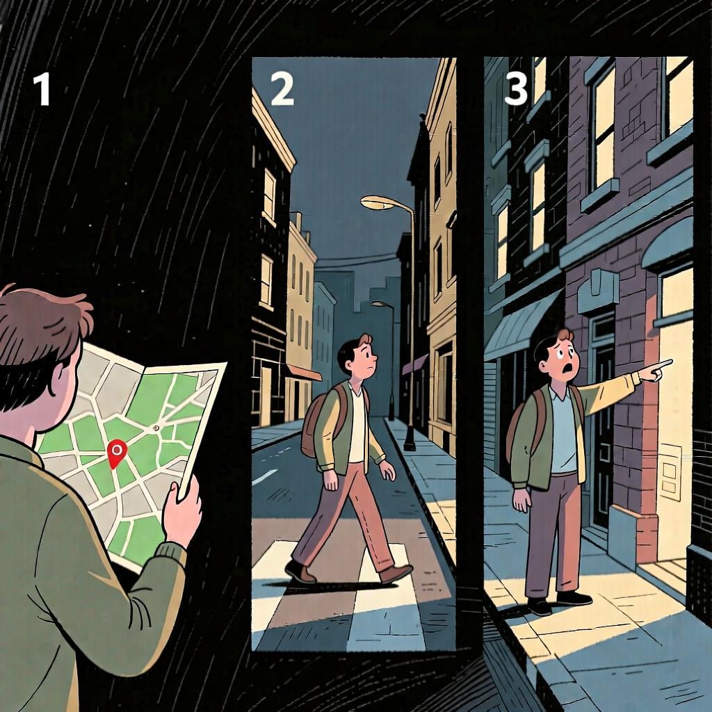 A sequence of three images: a person looking at a map, then walking, then stopping with a look of realization at a landmark, showing 'ahí' as 'at that moment'.