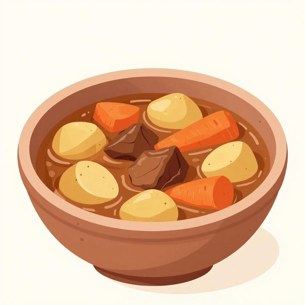 A deep ceramic bowl filled with a thick vegetable and meat stew.