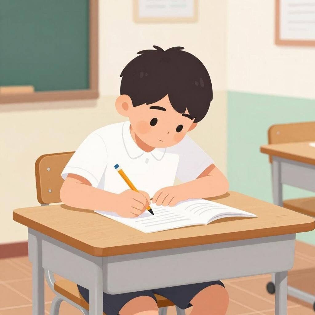 A student sitting at a wooden desk in a quiet room, focused on writing on a large stack of papers.