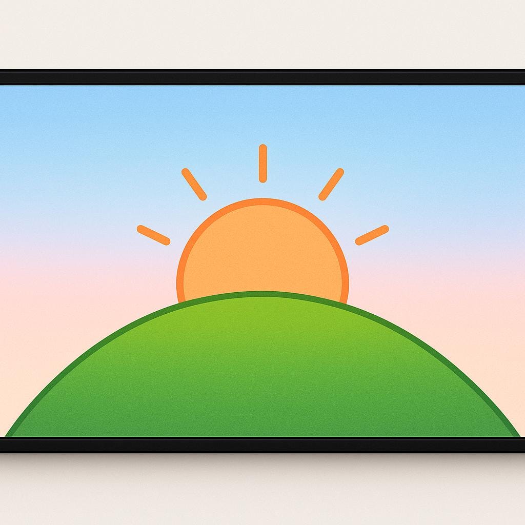 Une illustration aux couleurs vives d'un écran rectangulaire simple (comme une tablette) montrant une scène animée colorée d'un soleil se couchant sur une colline verte.
