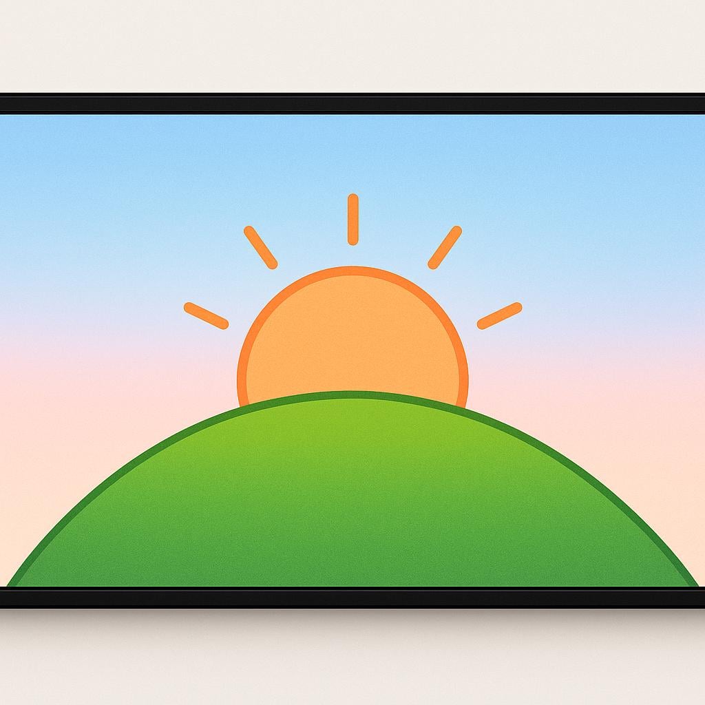 A brightly colored illustration of a simple rectangular screen (like a tablet) showing a colorful animated scene of a sun setting over a green hill.