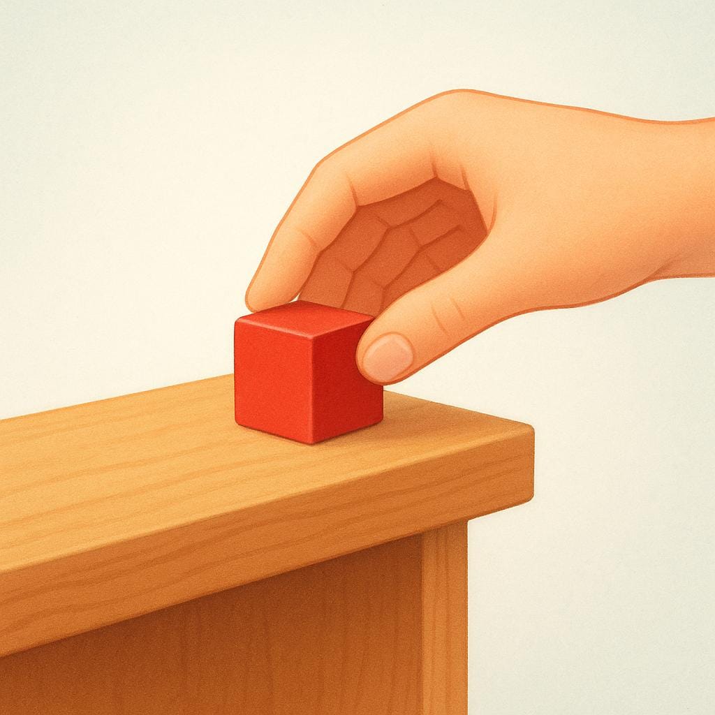 A human hand gently lifting a stack of colorful wooden blocks off a wooden shelf.