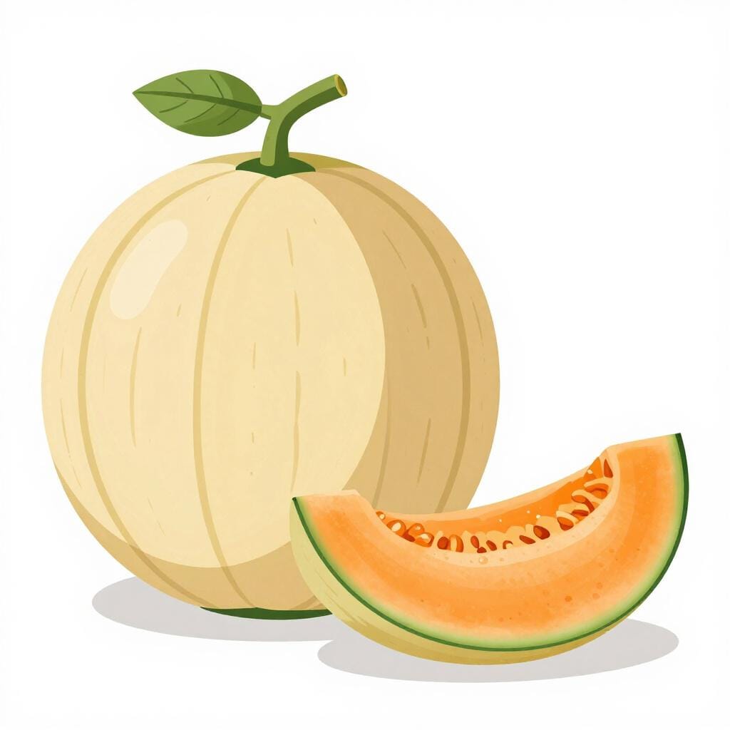 A whole cantaloupe melon and a slice of melon on a plain background.