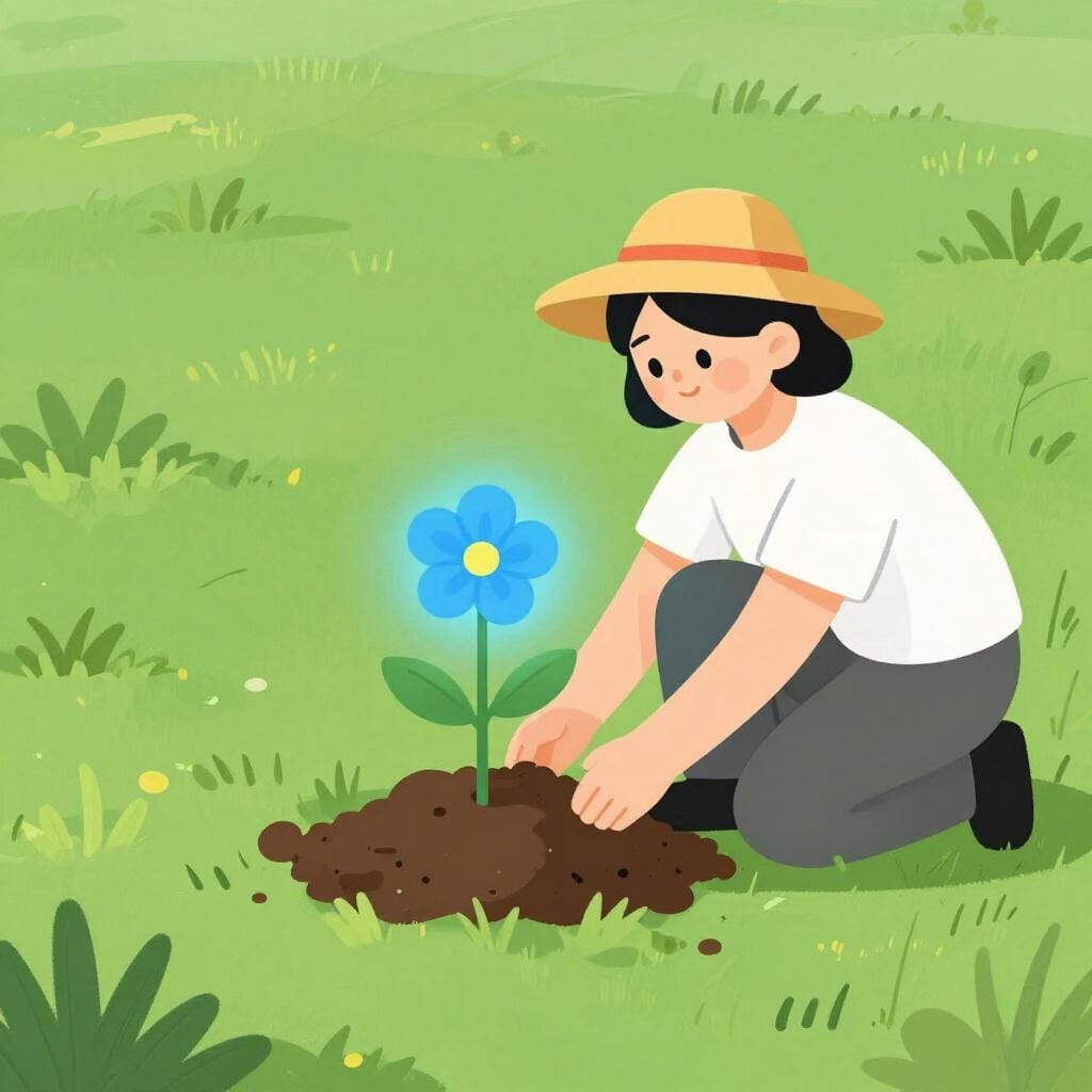 Une personne plantant une plante bleue futuriste et lumineuse dans un jardin de plantes vertes.