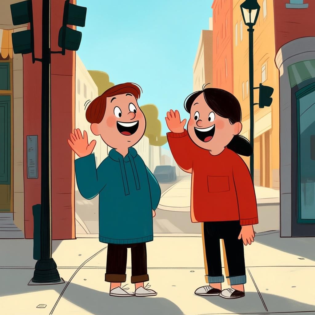 Two acquaintances standing on a city sidewalk, showing mutual surprise and excitement upon running into each other unexpectedly.