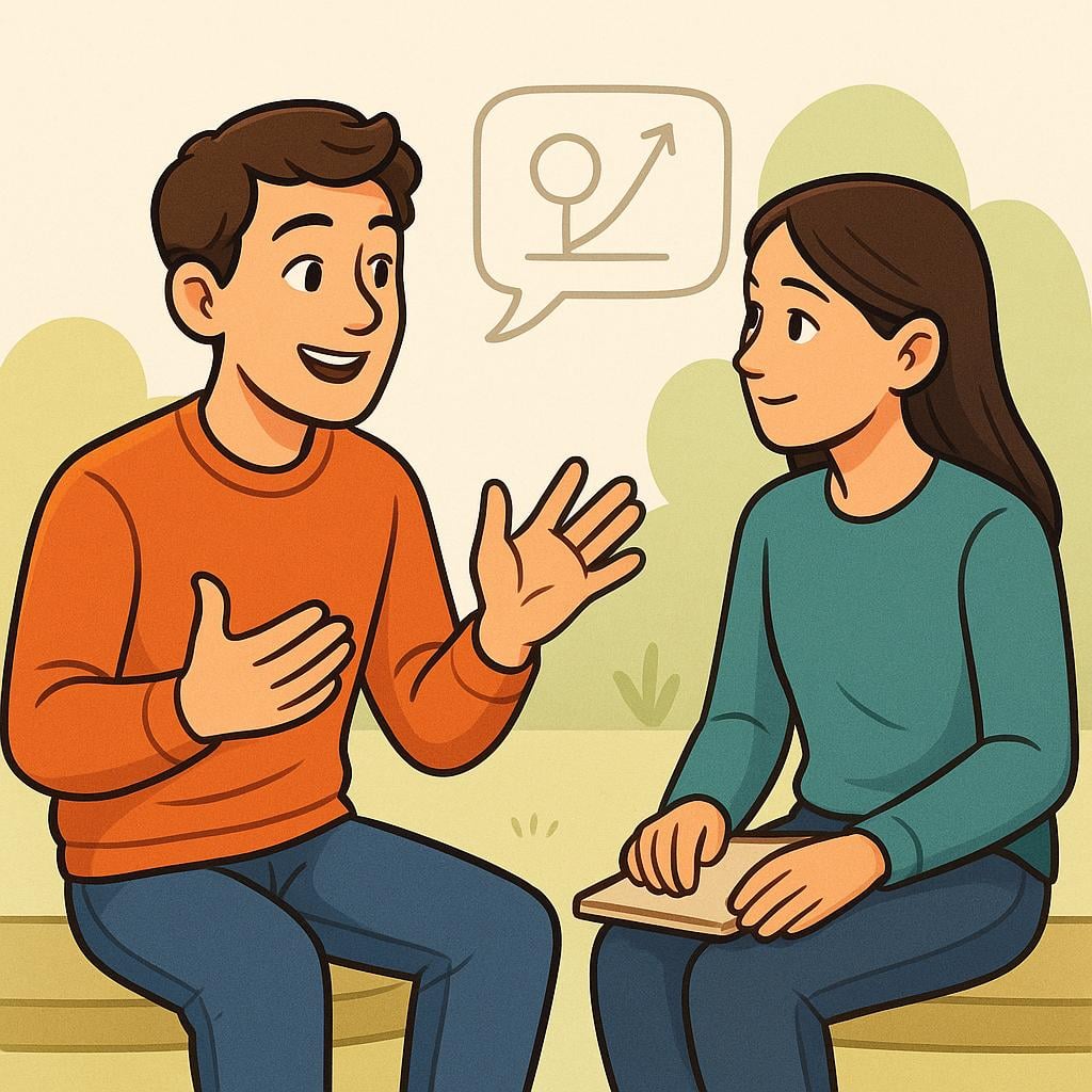 A high quality simple colorful storybook illustration showing a person leaning forward, using animated hand gestures to clearly explain a point to another person who is seated opposite and listening intently.