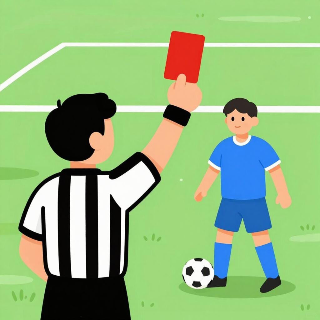 A referee in a striped shirt showing a red card to a soccer player on a green field.
